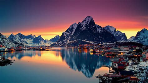 Masaüstü Manzara Gün Batımı Göl Yansıma Gündoğumu Norveç Köy