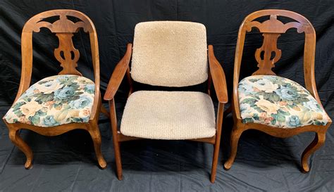 Showing results for cushions for wooden chairs. Lot - 3 Vintage Wooden Chairs w/ Cushions