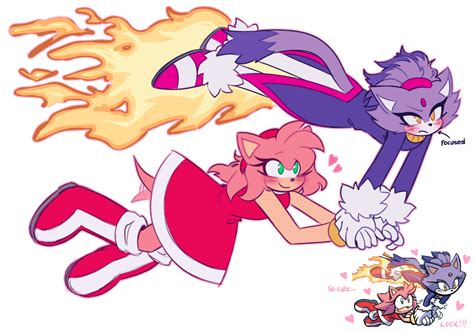 12498 Safe Artist Minxinq Amy Rose Blaze The Cat Cat Hedgehog Blazamy Blushing