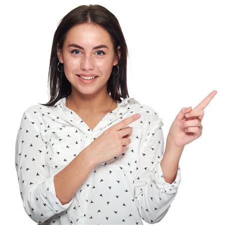 Pretty Girl Pointing Finger Away Stock Image Image Of Advertising Girl 120944025