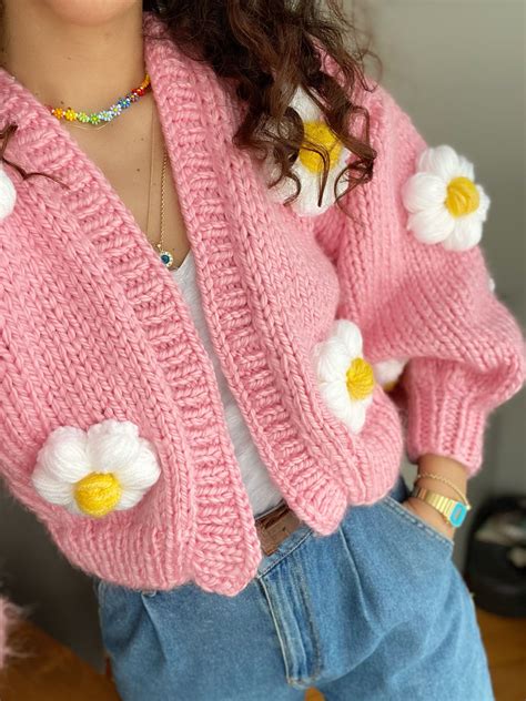 Pink Women Cardigan Chunky Knit Cardigan Long Sleeve Knitted Cardigan