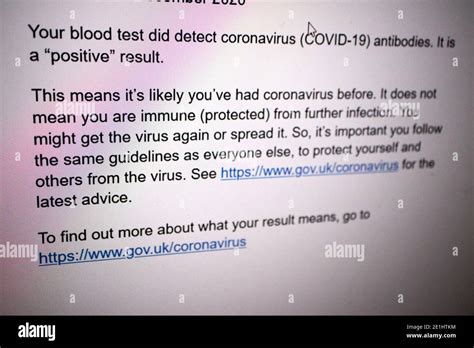 On Screen Message Giving A Positive Result Of An Nhs Covid 19 Antibody