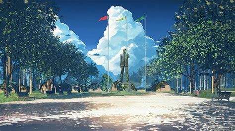 Anime Landscape Arsenixc Clouds Flag Bench Everlasting Summer