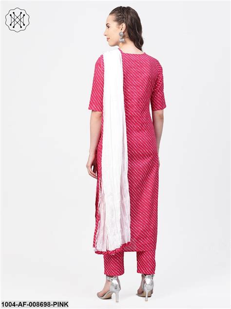 Rani Pink Leheriya Printed Kurta And Palazzos With Solid Off White Crink