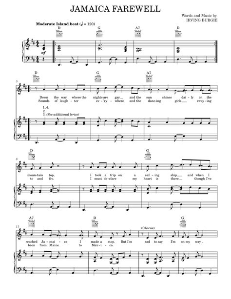 Jamaica Farewell Sheet Music For Piano Vocals By Harry Belafonte