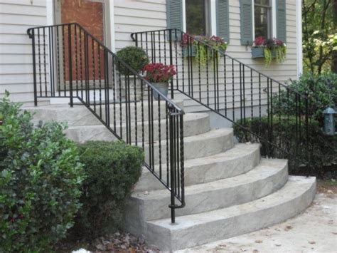 Made from 1 5/8 full moulded handrail, this railing is decorative and functional, fitting comfortably in your hand for optimal grip. colonial iron works iron exterior handrails Curved Outdoor Wrought Iron Railing | Outdoor stair ...