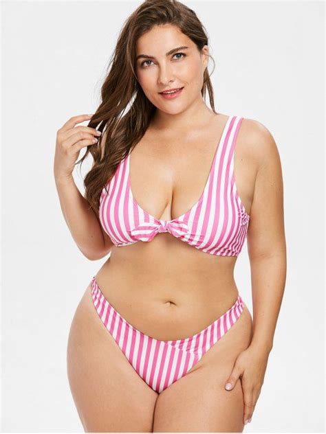 21 Off 2020 Plus Size Striped Tie Front Bikini Set In Hot Pink Zaful Australia