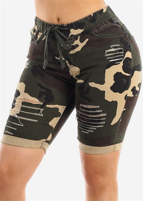 Moda Xpress Womens Camouflage Bermuda Shorts Drawstring Waist Ripped