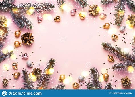 Pastel Pink Christmas Background Festive Frame Of Fir