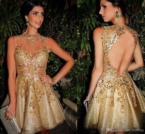 Now you can shop for it and enjoy a good deal on simply browse an extensive selection of the best cocktail dress gold and filter by best match or price to find one that suits you! 2017 Sexy Gold Short Cocktail Dresses Sheer Neck Sleeveless Appliques Beaded Tulle Illusion Mini ...