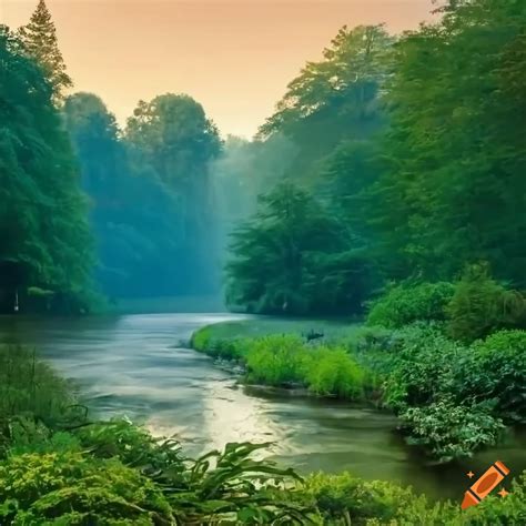 Lush Green Forest In A Beautiful Garden With A River
