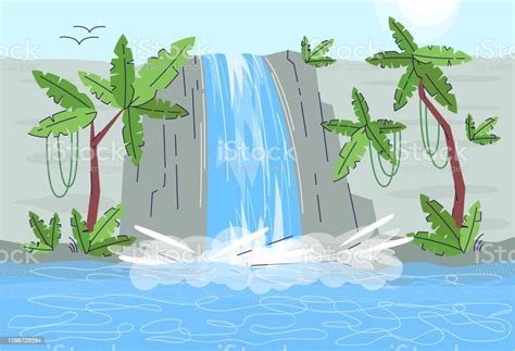 Jungle Waterfall Semi Flat Vector Illustration Stock Illustration