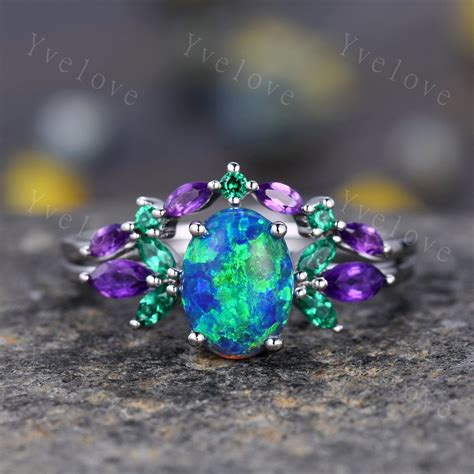 Blue Opal Wedding Ring Set Oval Opal Engagement Ring Emerald Amethyst