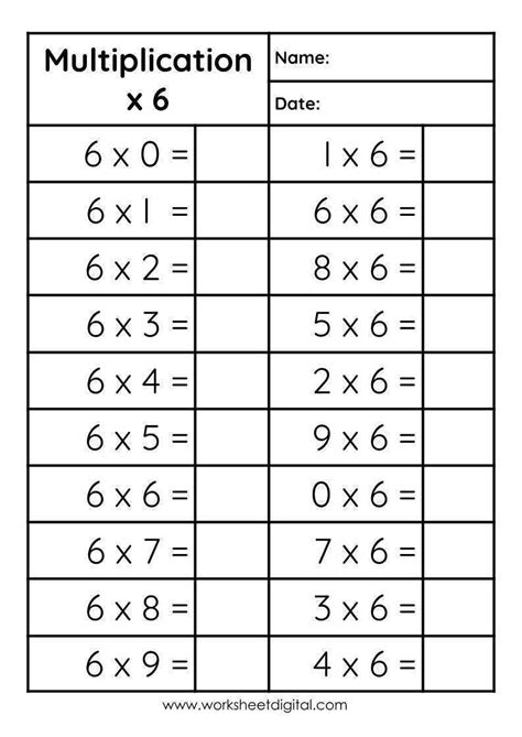 Multiplication 6 Worksheet Digital