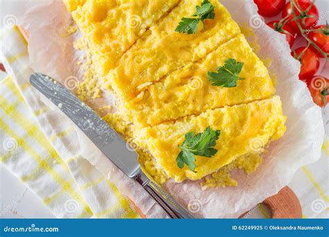 Polenta Served On Wood Board With Cherry Tomatoes Stock Image Image