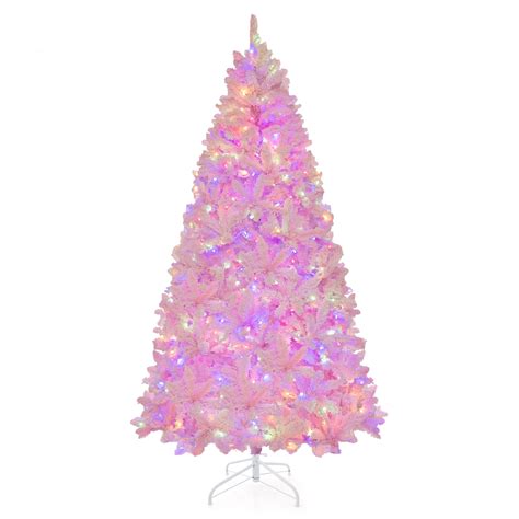 Topbuy 7ft Pink Artificial Christmas Tree Pre Lit Hinged Snow Flocked