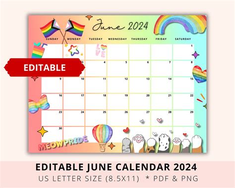 Editable June Calendar Pride Month Queer Proud Etsy