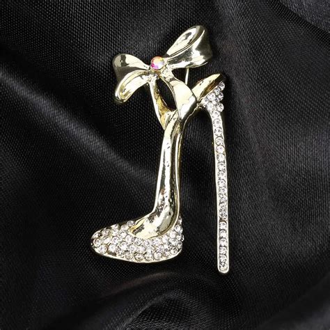 Fashion Women Charming Gold Color Bowknot Rhinestone High Heel Shoe Brooch Pins Delicate Jewelry