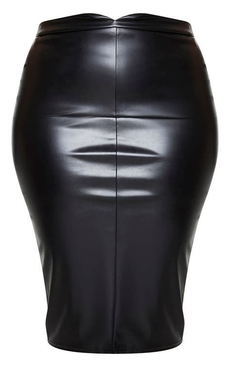 Plus Eva Black Faux Leather Panel Midi Skirt Prettylittlething Usa