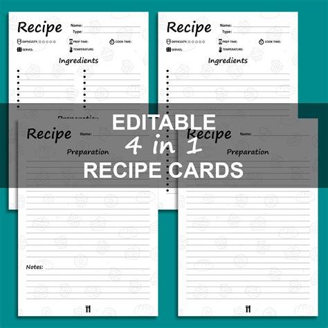 Recipe Cards 4 In 1 Bundle Editable Printable Etsy Printable Recipe