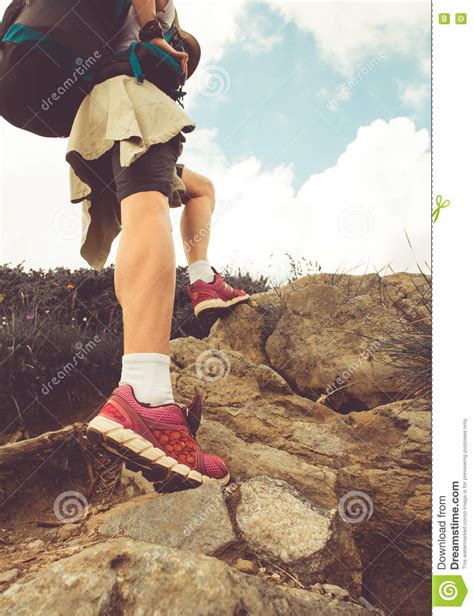 Female Hiker Walking Through The Rocky Land Stock Image Image Of