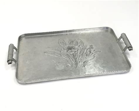 Vintage Hammered Aluminum Tray Everlast Metal Serving Tray With Floral