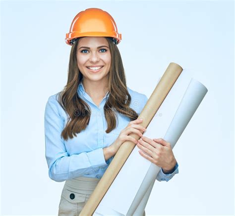 Smiling Architect Business Woman With Blueprints Isolated Portrait