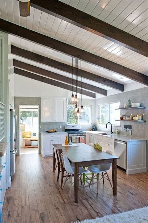 White Wood Ceiling With Beams Vaulted Ceiling Kitchen Shiplap Ceiling