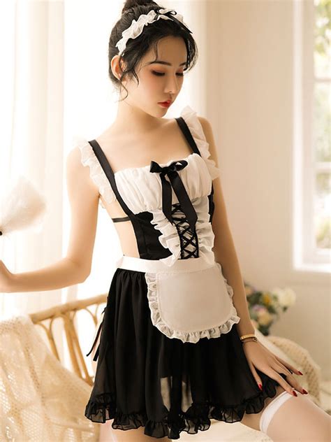 Womens Maid Costume 4 Piece Set T Back Headwear Clothes Apron Servant Sexy Bedroom Costumes
