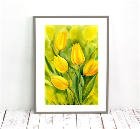 Yellow Tulips Watercolor Painting Botanical Print Spring Etsy