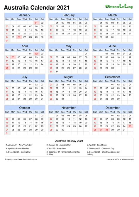 Calendar Horizontal Grid Sunday To Saturday Bank Holiday Australia A4