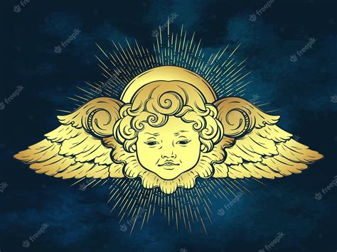 Querubín De Oro Lindo Alado Rizado Sonriente Bebé ángel Con Rayos De