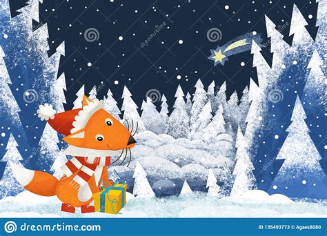 Winter Scene With Forest Animal Little Fox With Santa Claus Hat In The