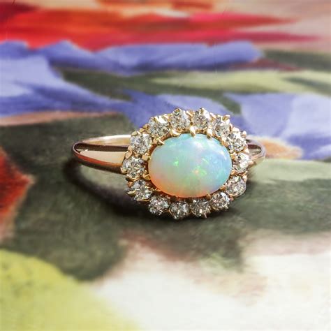 Antique Opal Diamond Ring Circa 1890s Victorian Old European Cut