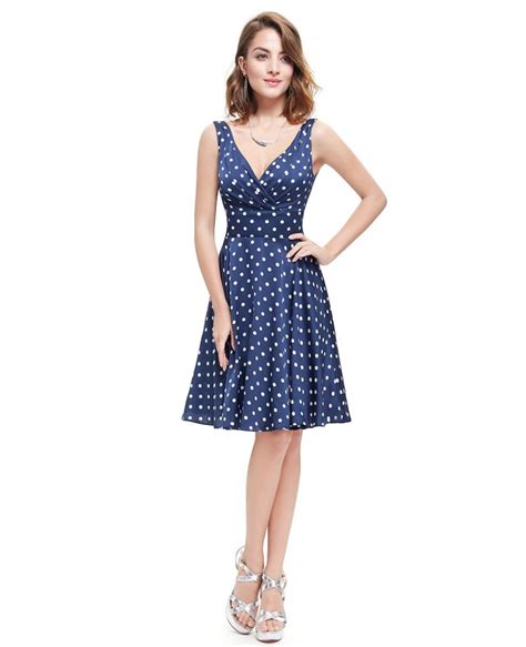 Vintage Sleeveless V Neck Polka Dots Knee Length Dress