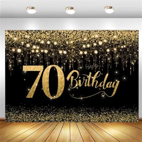 70th Backdrop Black Gold Glitter Happy Birthday Party Photo Background