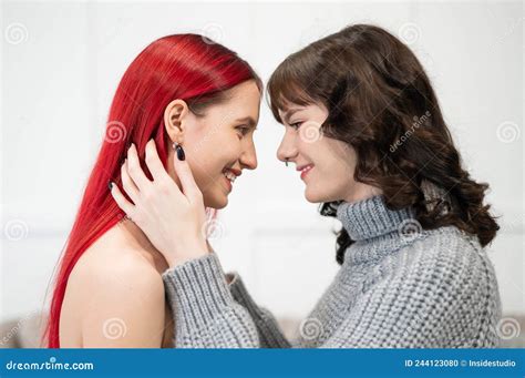 Young Caucasian Women Hugging Tenderly Same Sex Relationships Stock