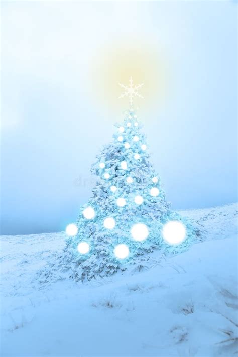 Magical Christmas Tree With Fairy Tale Light Covered In Deep Snow Stock