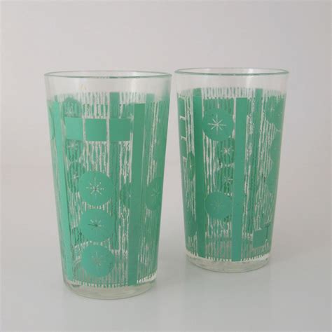 Vintage Glass Tumblers Set Of 2 Mid Century Modern Atomic Glassware 1950s 1960s Glass