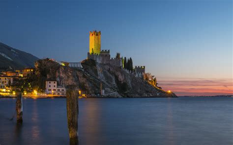 Italy Houses Castles Sea Crag Night Street Lights