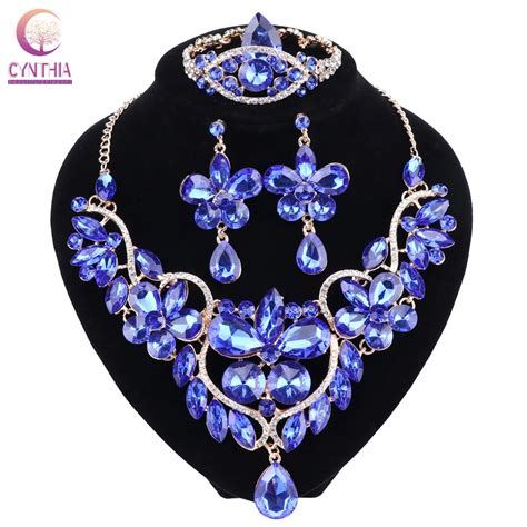 Blue Crystal Rhinestone Flower Necklace Earrings Set For Women Wedding