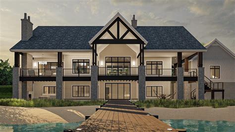 New American Lake House Plan With Full Wraparound Deck And Split