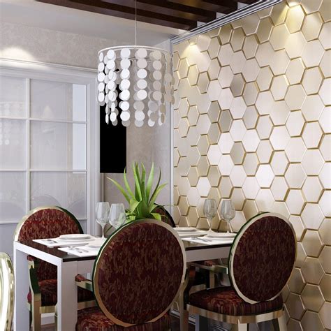 Art 3d Decorative 3d Wall Panels Faux Leather Tile Golden Hexagon From