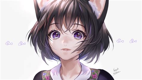Animal Ears Brown Hair Catgirl Close Foo Midori Original Purple Eyes