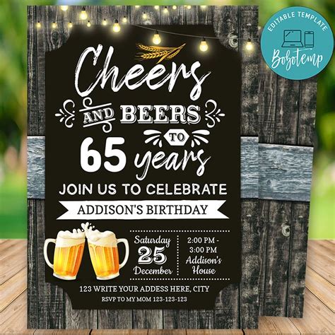 Printable 65th Cheers And Beers Birthday Party Invitation Diy