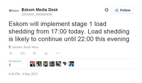 Последние твиты от eskom loadshedding south africa by @bridgetti (@loadshedding_sa). Load shedding alert: Eskom