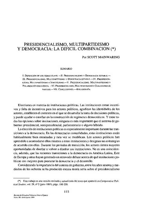 PDF Mainwaring Scott 1995 Presidencialismo Multipartidismo Y