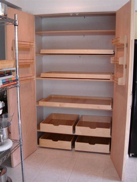 It is nothing more than an ordinary pantry shelf that includes an additional sliding mechanism which allows it to be pulled out or forward whenever necessary, creating more access at the back. 4 double-height pull out shelves with scooped handles + 3 ...