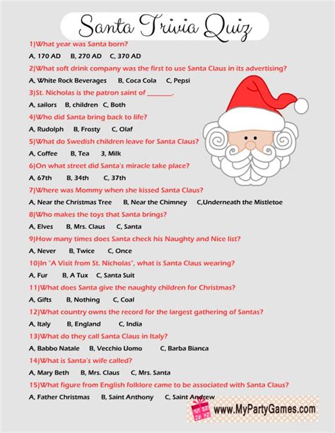 Free Printable Santa Trivia Quiz Fun Christmas Games Christmas