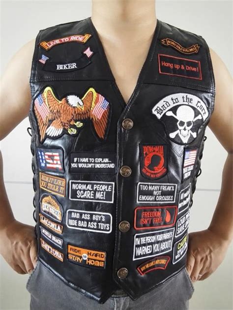 2021 Mens Black Genuine Leather Motorcycle Vest W 42 Patches Us Flag